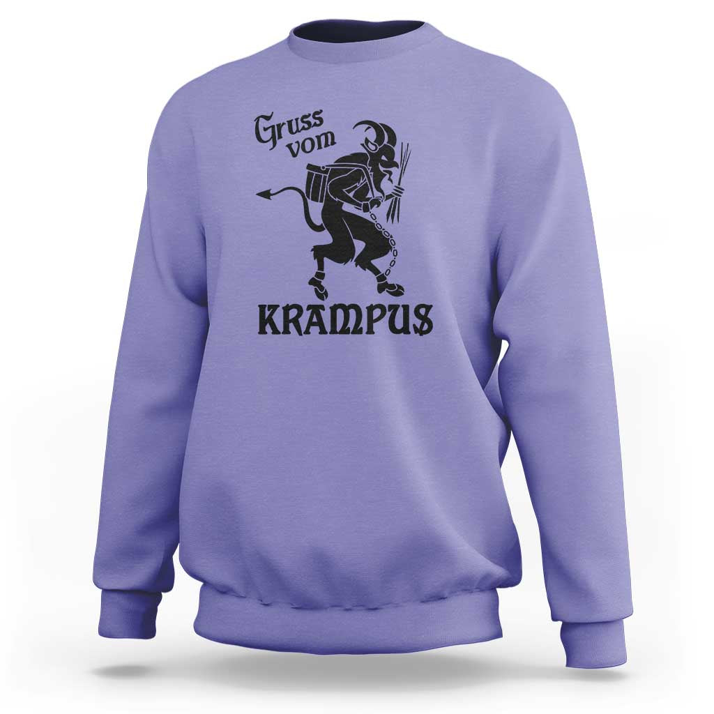 Violet crewneck sweatshirt with Krampus graphic and 'Gruss von' text on front