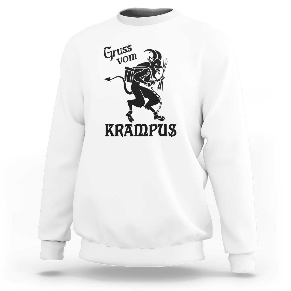 White crewneck sweatshirt with Krampus graphic and 'Gruss von' text on front