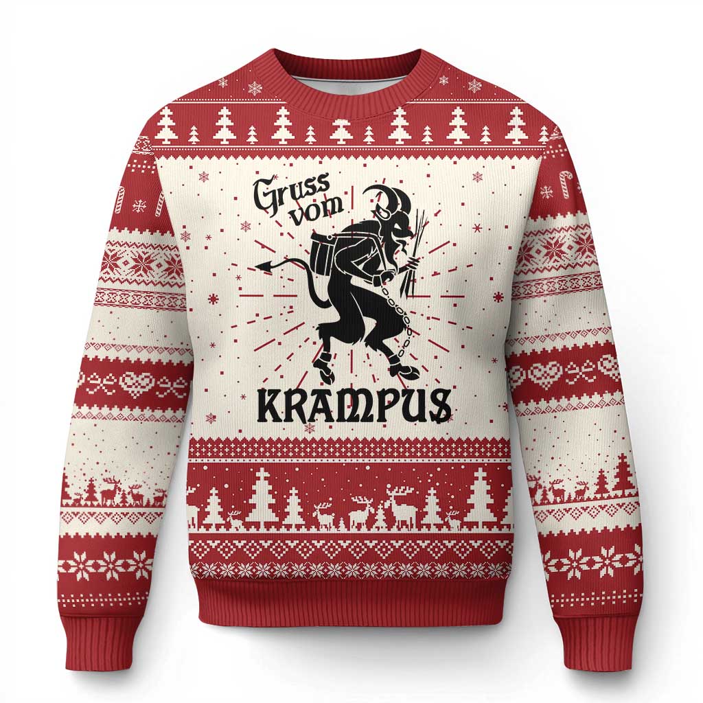 Red and cream Krampus ugly Christmas sweater with tree pattern and Krampus front graphic