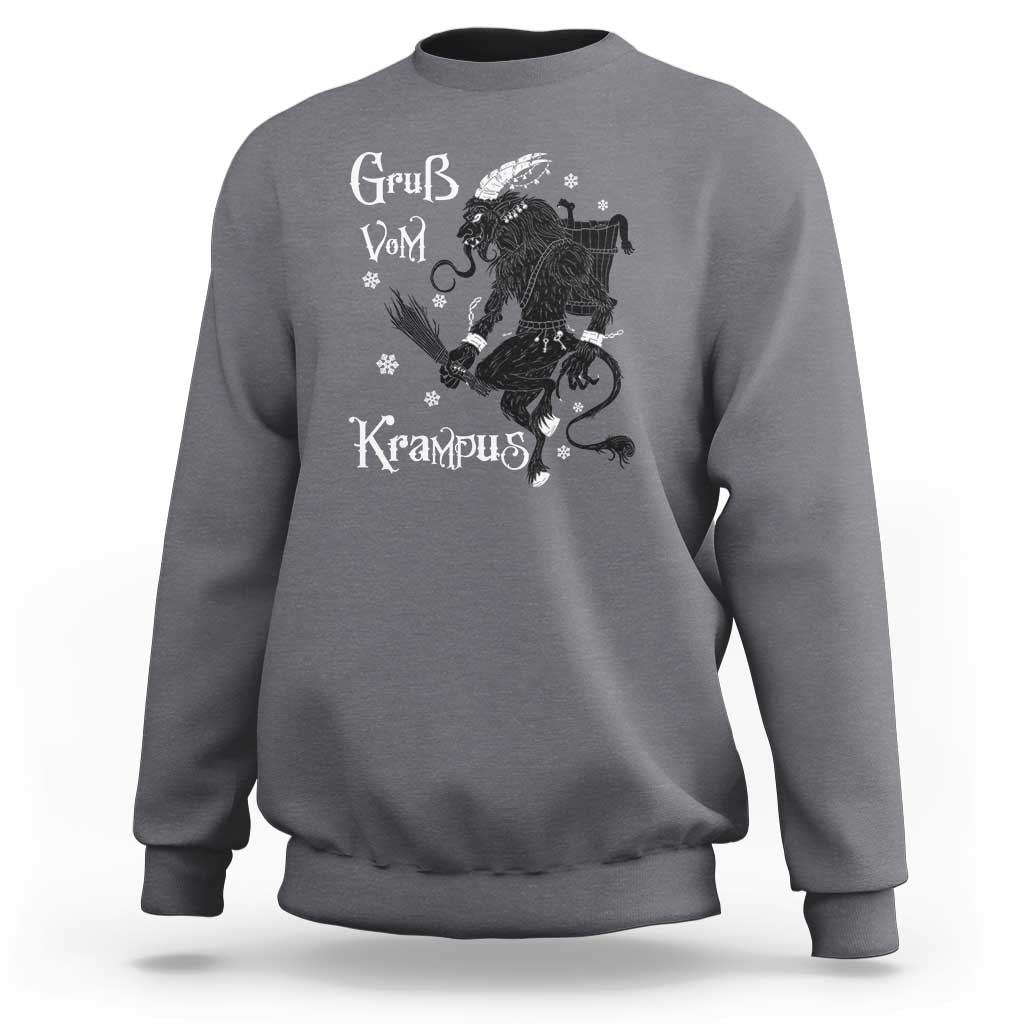 Charcoal gray sweatshirt with long sleeves and front Krampus horror graphic print