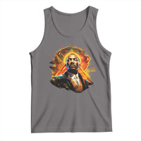 Gray tank top with printed portrait graphic, sleeveless scoop neck