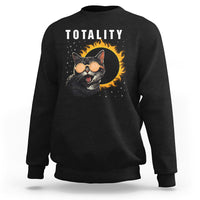Black crewneck sweatshirt with 'TOTALITY' cat graphic, long sleeves