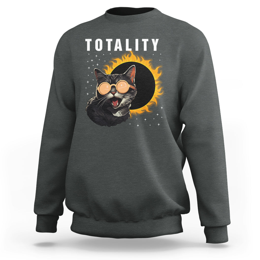 Dark heather gray crewneck sweatshirt with 'TOTALITY' cat graphic, long sleeves