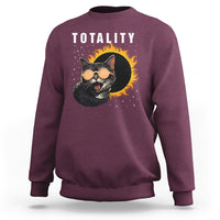 Maroon crewneck sweatshirt with 'TOTALITY' cat graphic, long sleeves