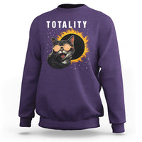 Purple crewneck sweatshirt with 'TOTALITY' cat graphic, long sleeves