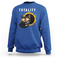 Royal blue crewneck sweatshirt with 'TOTALITY' cat graphic, long sleeves