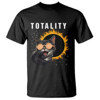 Black crewneck T-shirt with cat eclipse graphic and 'TOTALITY' lettering
