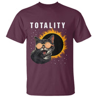 Maroon crewneck T-shirt with cat eclipse graphic and 'TOTALITY' lettering
