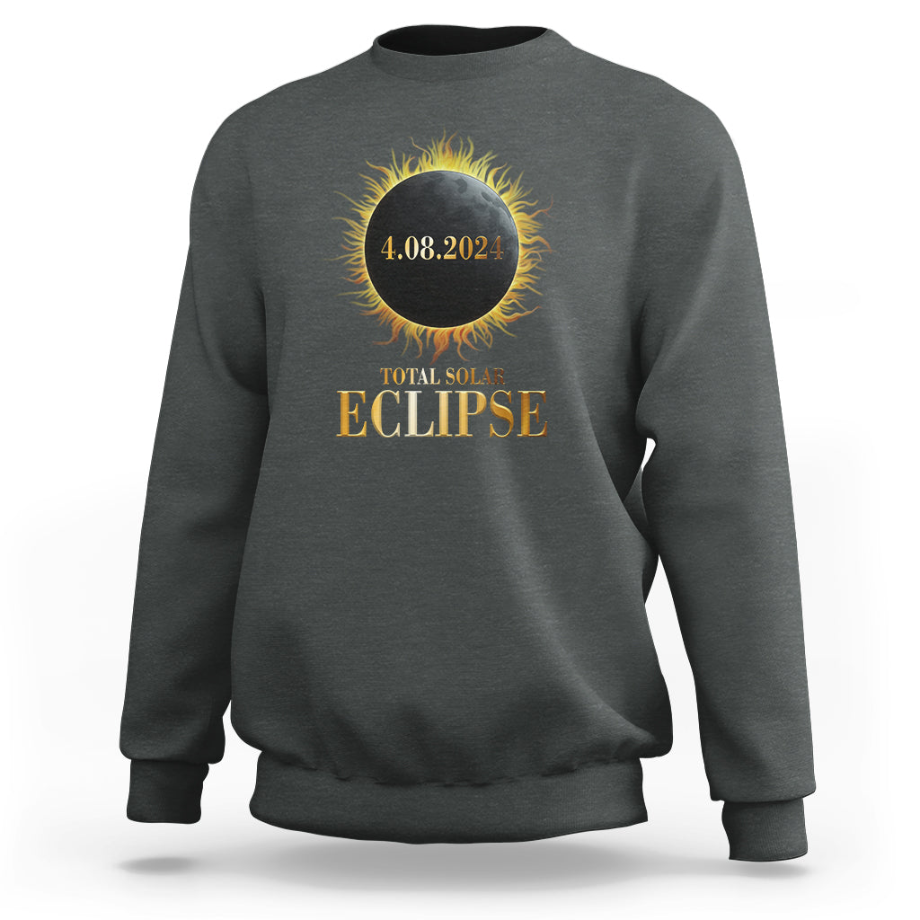Solar eclipse sweatshirt, dark heather gray with gold and yellow eclipse graphic on back