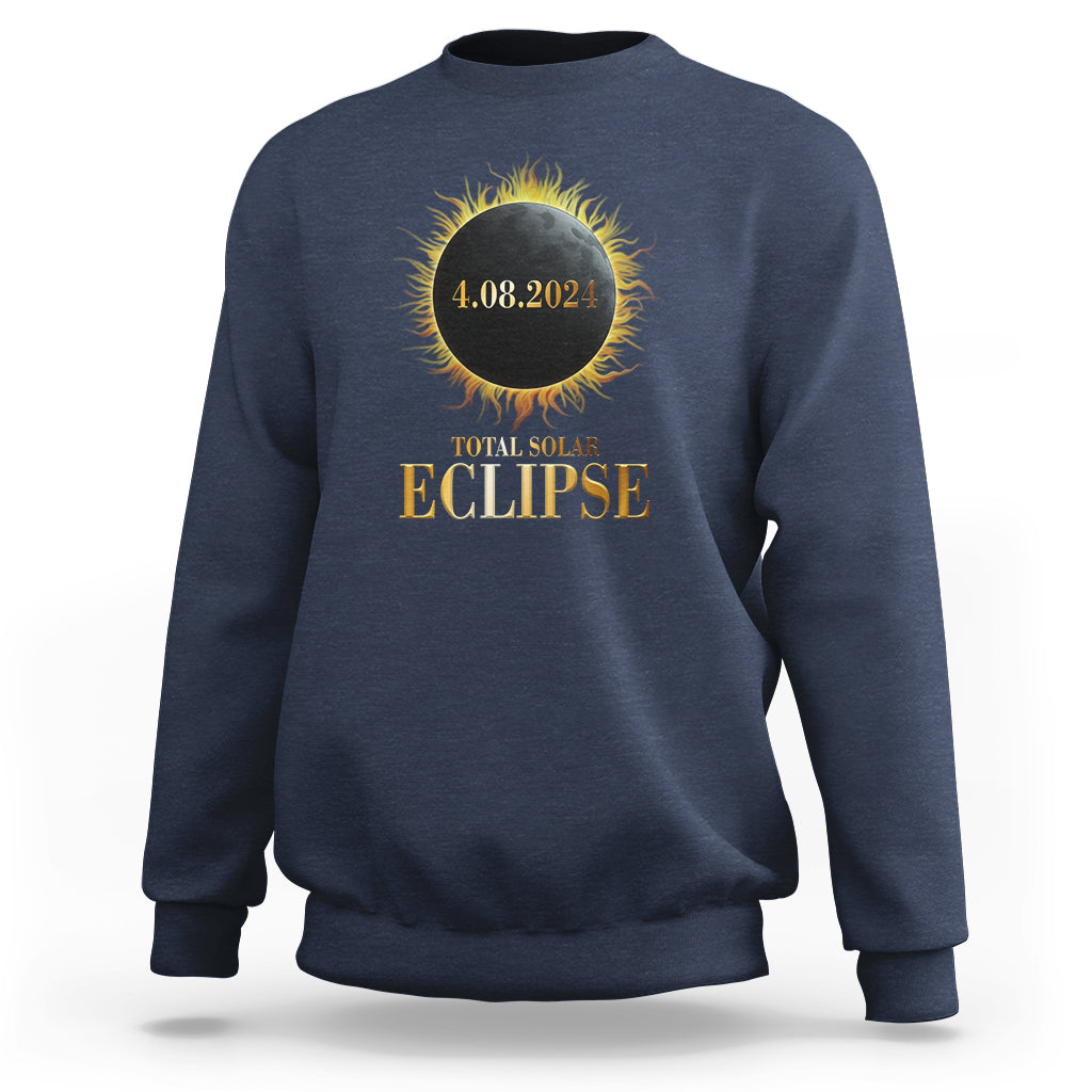 Solar eclipse sweatshirt, navy blue with gold and yellow eclipse graphic on back