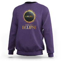 Solar eclipse sweatshirt, purple with gold and yellow eclipse graphic on back