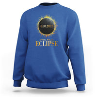 Solar eclipse sweatshirt, royal blue with gold and yellow eclipse graphic on back