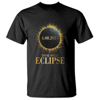 Black crew-neck t-shirt with yellow eclipse emblem and gold "TOTAL SOLAR ECLIPSE" text.