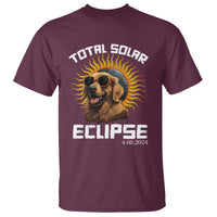 Maroon T-shirt with solar eclipse graphic and golden retriever portrait in sunglasses