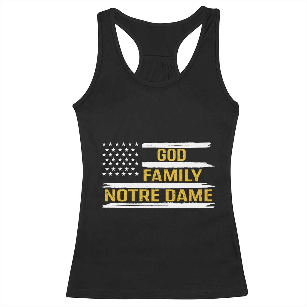 God Family Notre Dame Racerback Tank Top Indiana Fighting Irish Patriotic American Flag