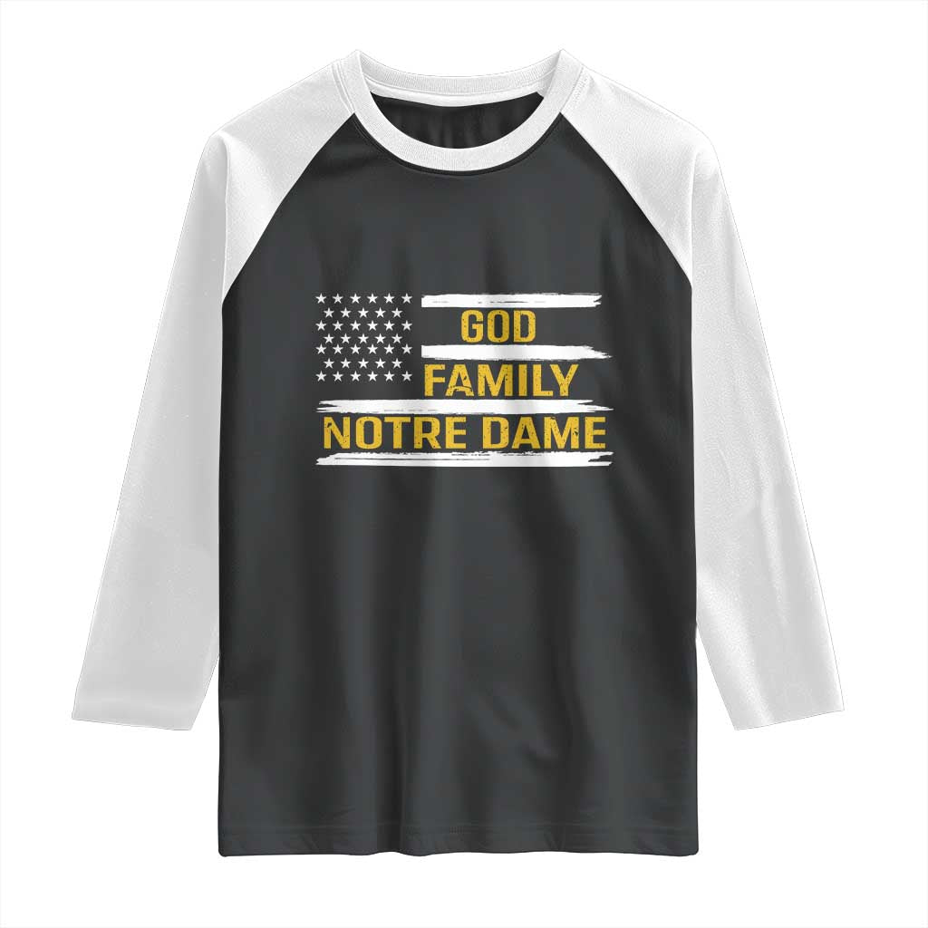 God Family Notre Dame Raglan Shirt Indiana Fighting Irish Patriotic American Flag