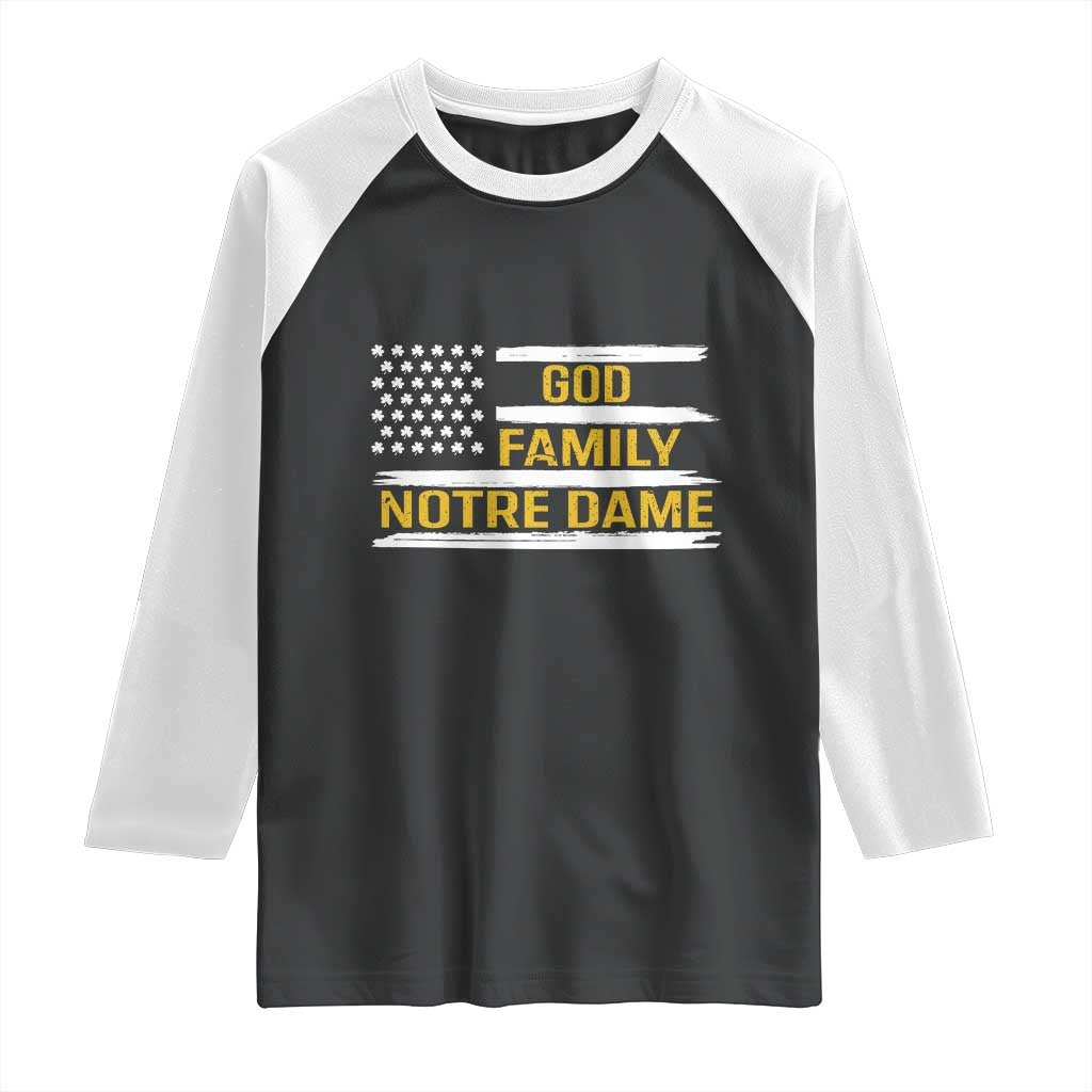 God Family Notre Dame Raglan Shirt Indiana Fighting Irish Shamrock American Flag