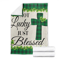 Green buffalo plaid shamrock throw blanket with cross design and printed quote
