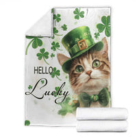 Cat-themed white throw blanket with green clovers and leprechaun hat, “Hello Lucky” print