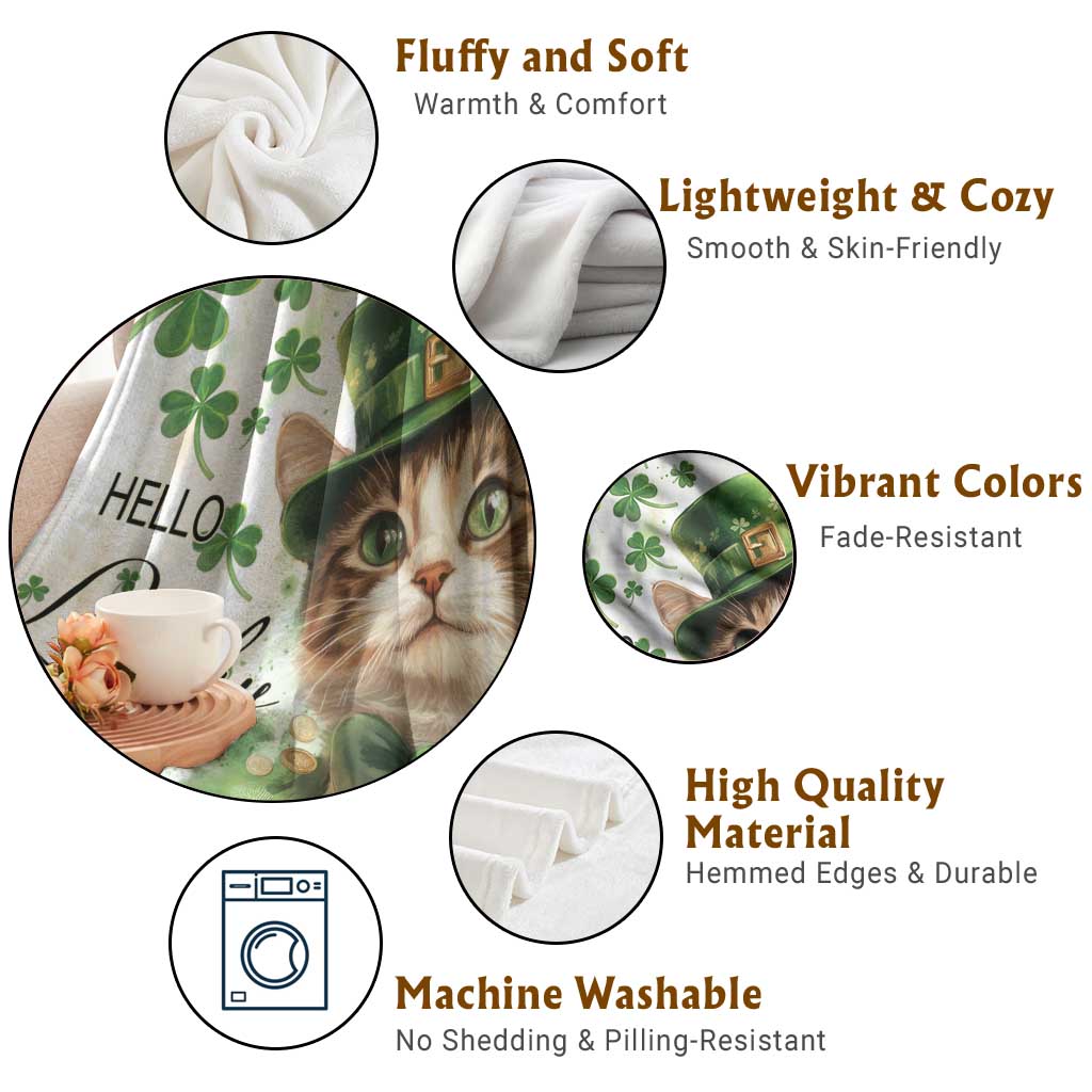 Cat-print throw blanket features diagram: soft, lightweight, vibrant colors, machine washable