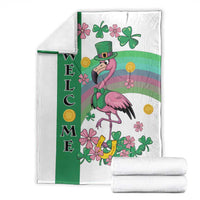 St. Patrick's flamingo welcome throw blanket, green shamrock panel and WELCOME print