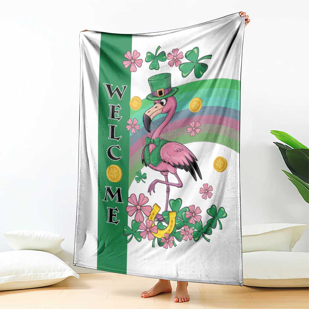 Flamingo welcome throw blanket draped, green shamrock stripe with WELCOME print