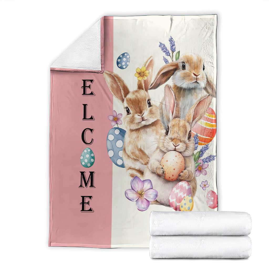 Easter Bunny Welcome Throw Blanket Cute Watercolor Rabbits with Eggs & Flowers, Spring Yard Decor