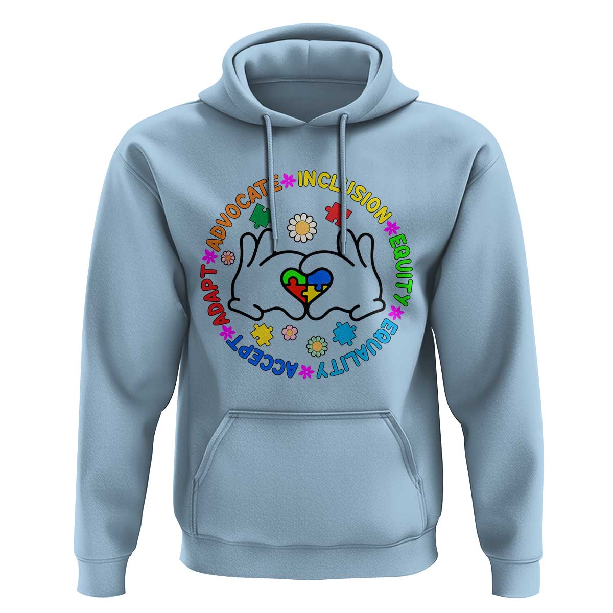 Light blue autism hoodie with colorful circular inclusion graphic on the chest
