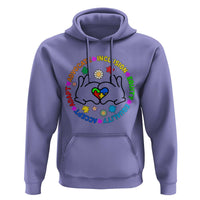 Violet autism hoodie with colorful circular inclusion graphic on the chest