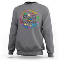 Charcoal gray crewneck sweatshirt with colorful cat-face inclusion graphic