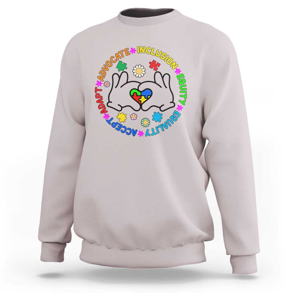 Light gray crewneck sweatshirt with colorful cat-face inclusion graphic