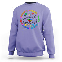 Lavender crewneck sweatshirt with colorful cat-face inclusion graphic