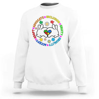 White crewneck sweatshirt with colorful cat-face inclusion graphic