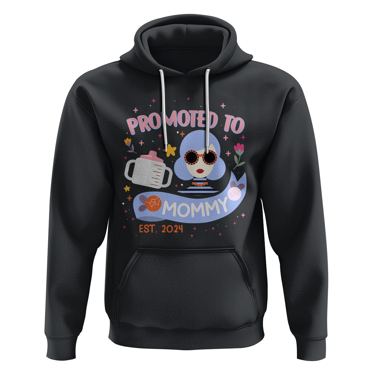 Black hoodie with front graphic, drawstring hood, and front kangaroo pocket