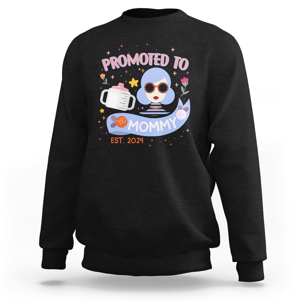 Mother's Day sweatshirt in black with “Promoted to Mommy” front graphic and EST 2024