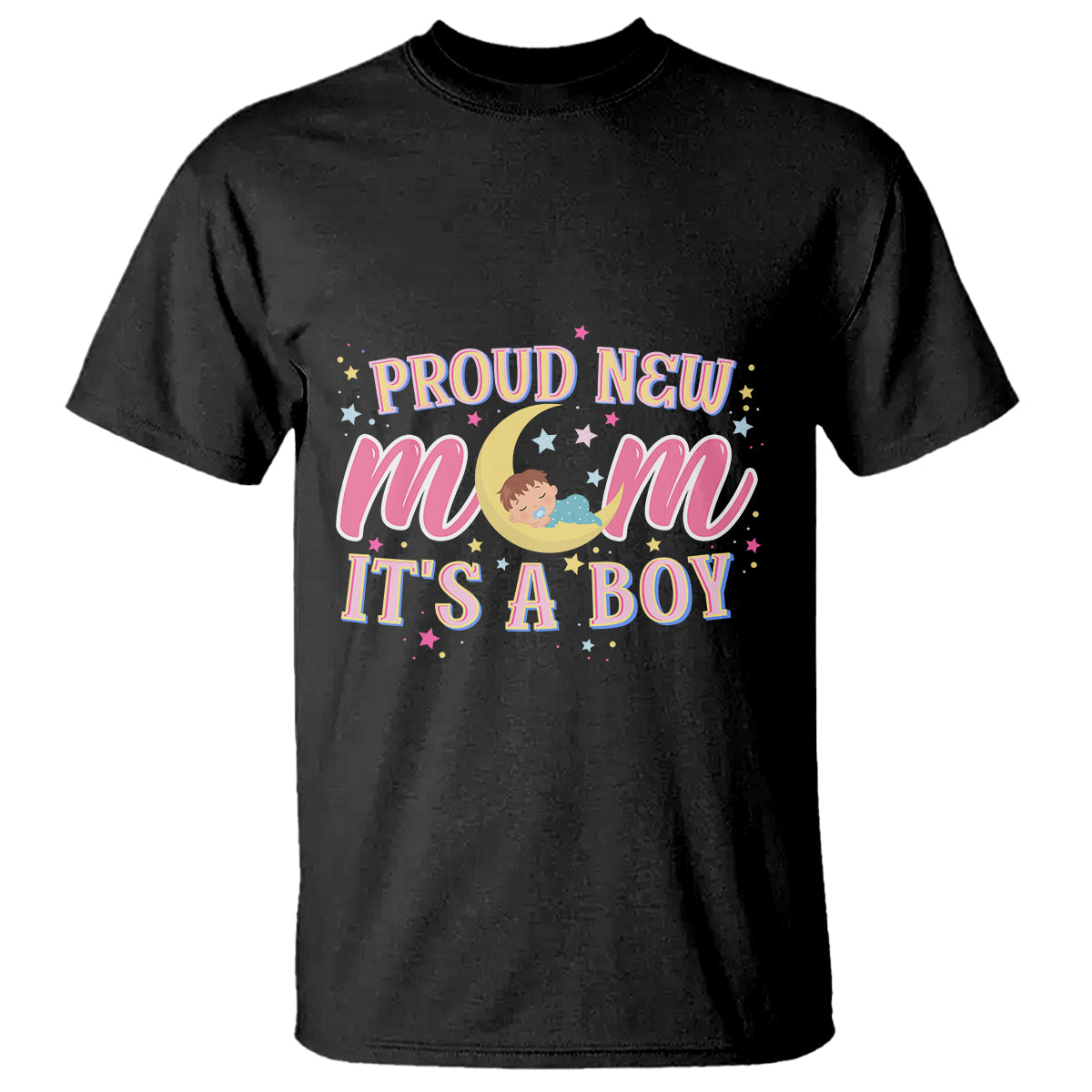 Black short-sleeve T-shirt with colorful "Proud New Me" it's a boy graphic