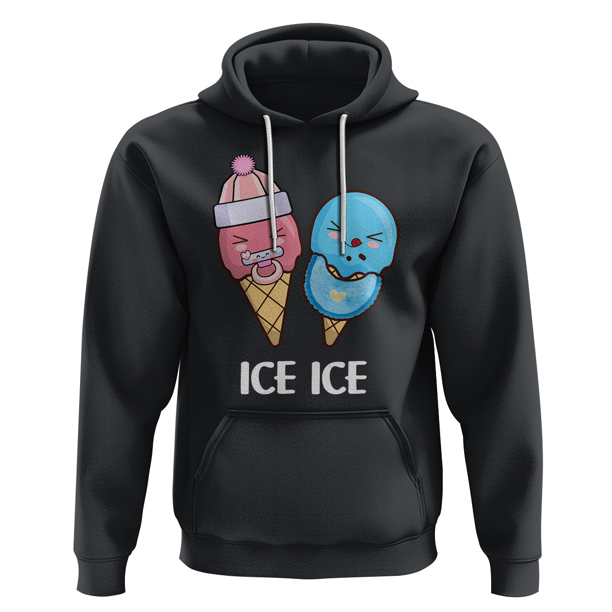 Black hoodie with “ICE ICE” graphic, front pocket, drawstring hood