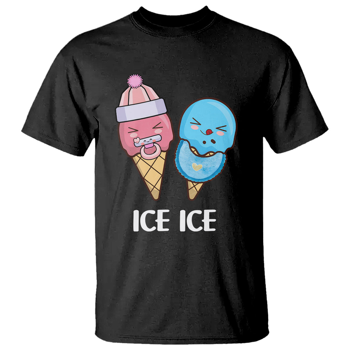 Black short-sleeve T-shirt with "ICE ICE" graphic and pink/blue ice cream characters