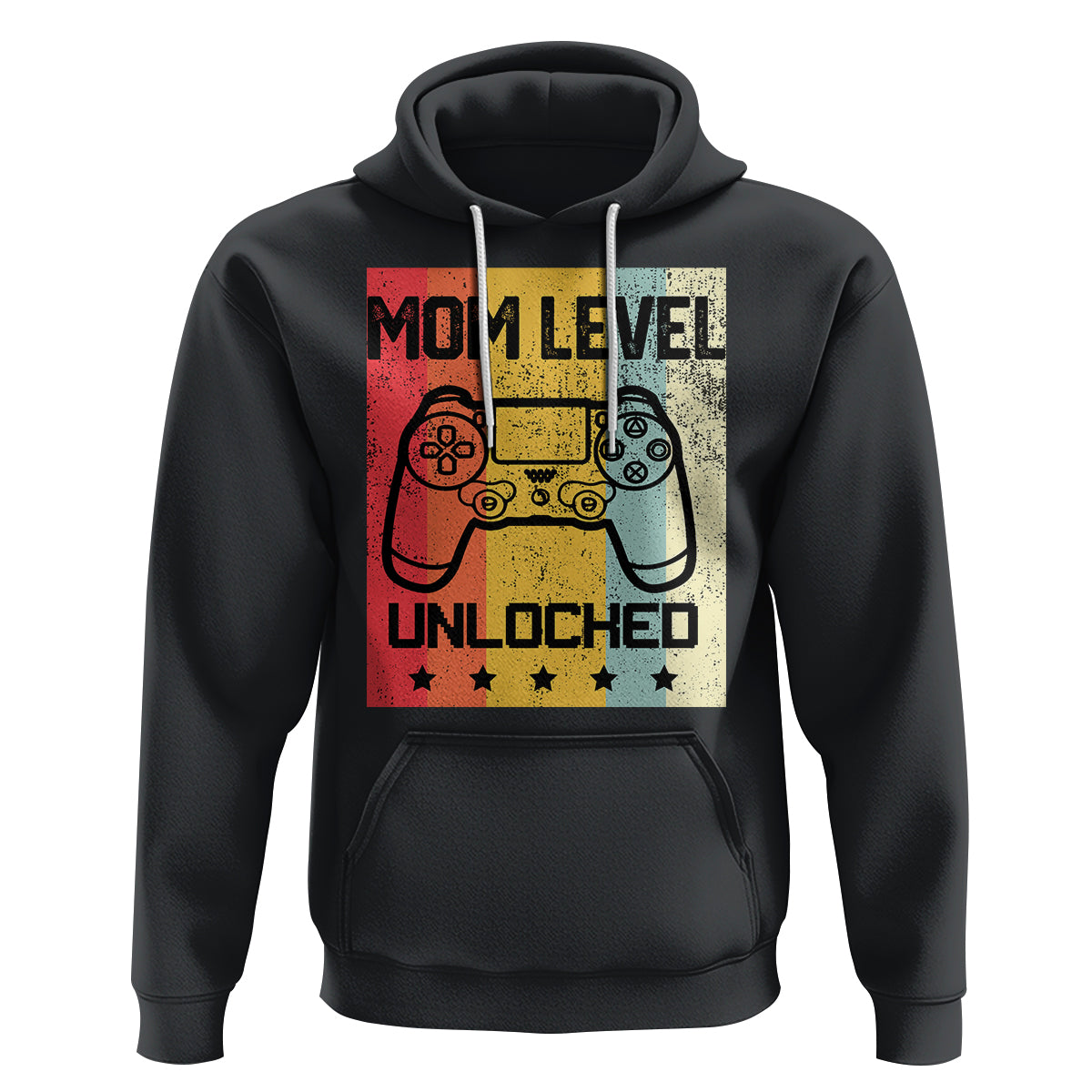 Charcoal gray hoodie with kangaroo pocket and “Mom Level Unlocked” gaming controller graphic