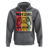 Charcoal hoodie with hood strings and “Mom Level Unlocked” gaming controller graphic