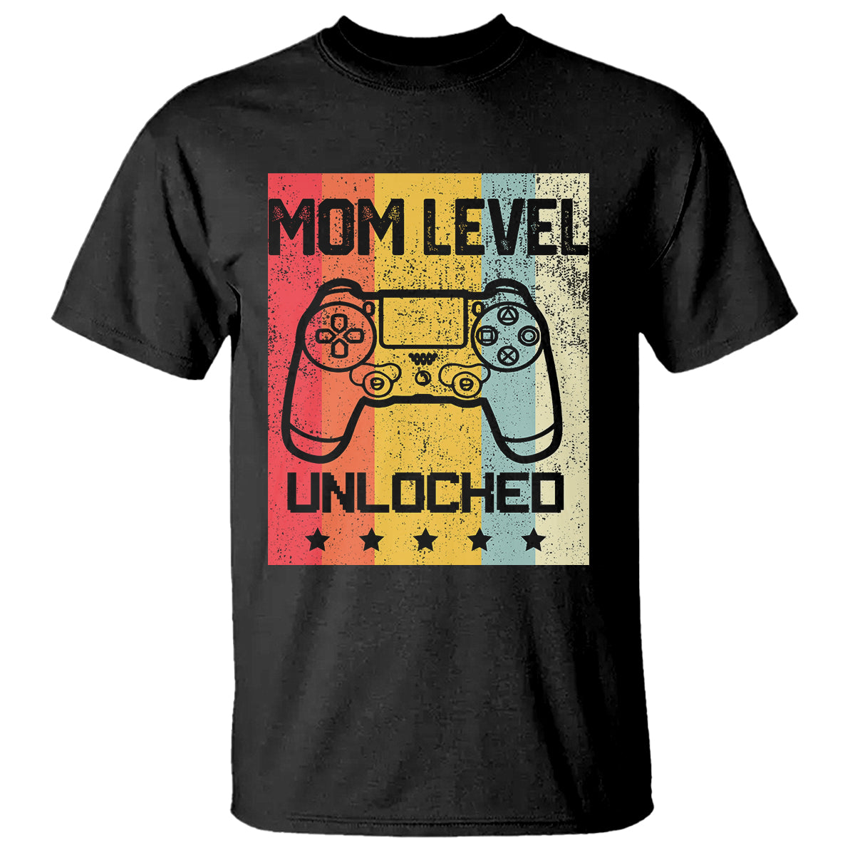 Black T-shirt with “Mom Level Unlocked” retro game controller graphic