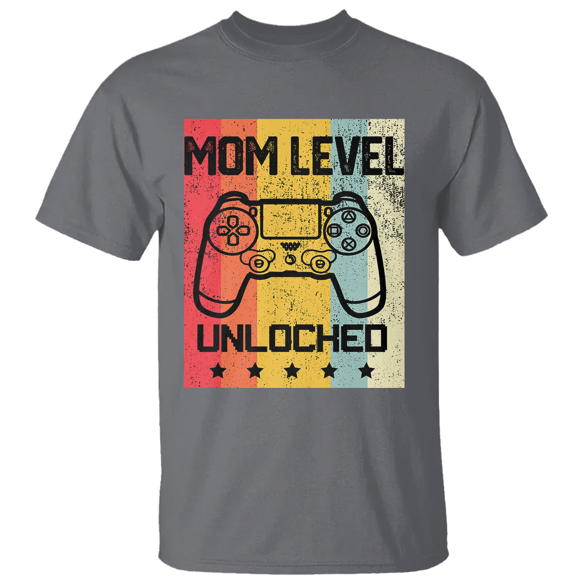 Charcoal gray T-shirt with “Mom Level Unlocked” retro game controller graphic