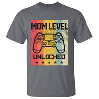 Charcoal gray T-shirt with “Mom Level Unlocked” retro game controller graphic
