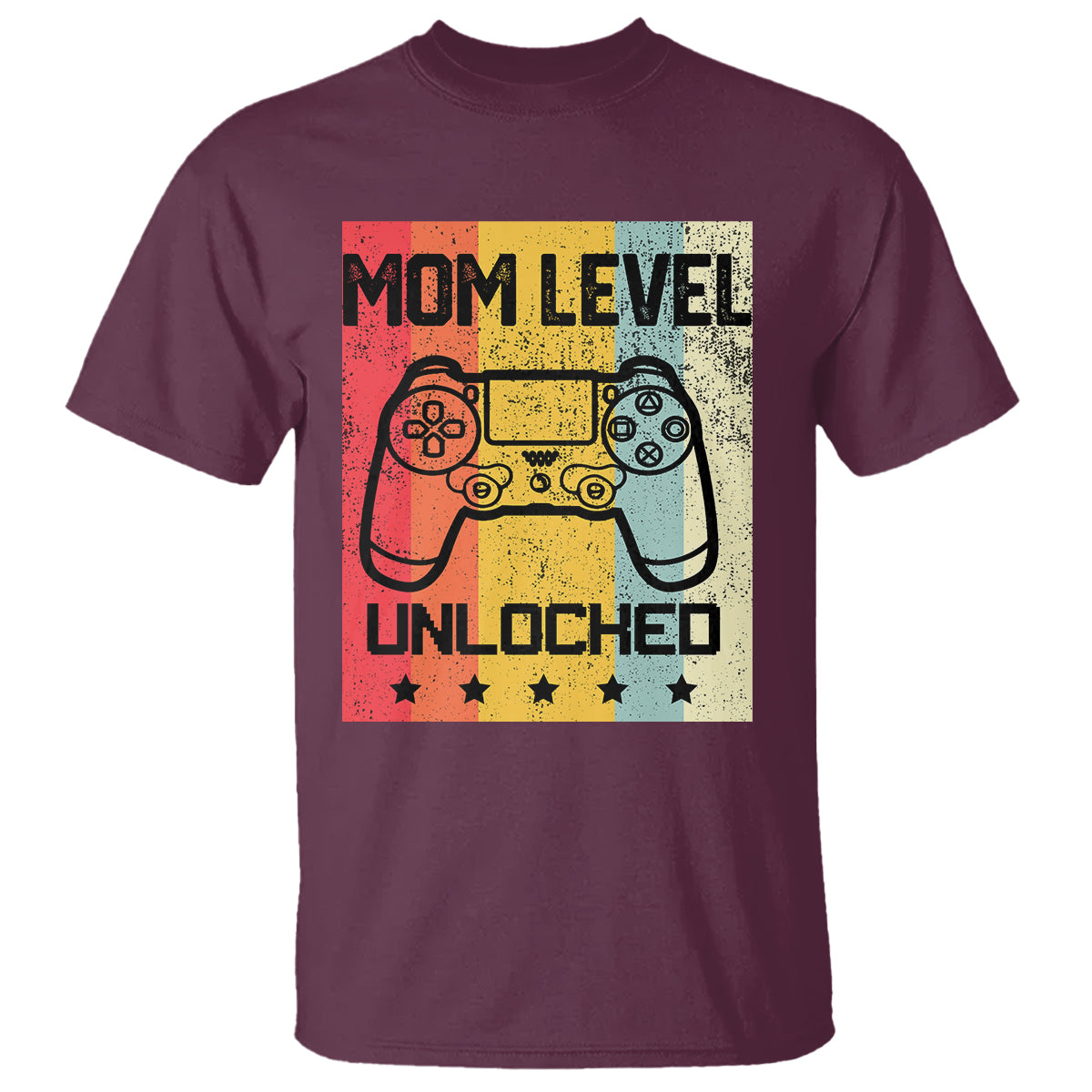 Maroon T-shirt with “Mom Level Unlocked” retro game controller graphic