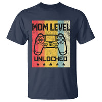 Navy T-shirt with “Mom Level Unlocked” retro game controller graphic