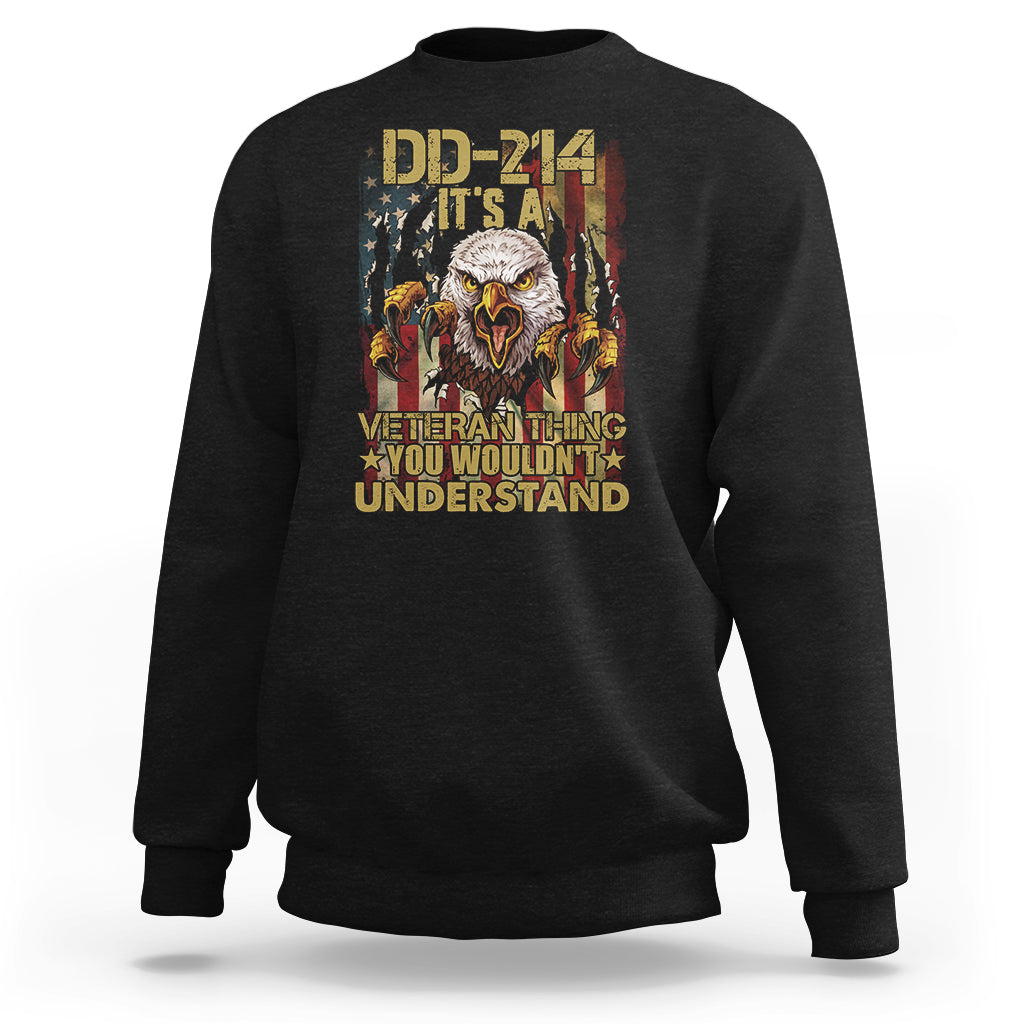 Black veteran sweatshirt with eagle and DD-214 graphic, multicolor text on front