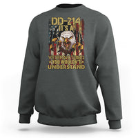 Dark heather veteran sweatshirt with eagle and DD-214 graphic, multicolor text on front