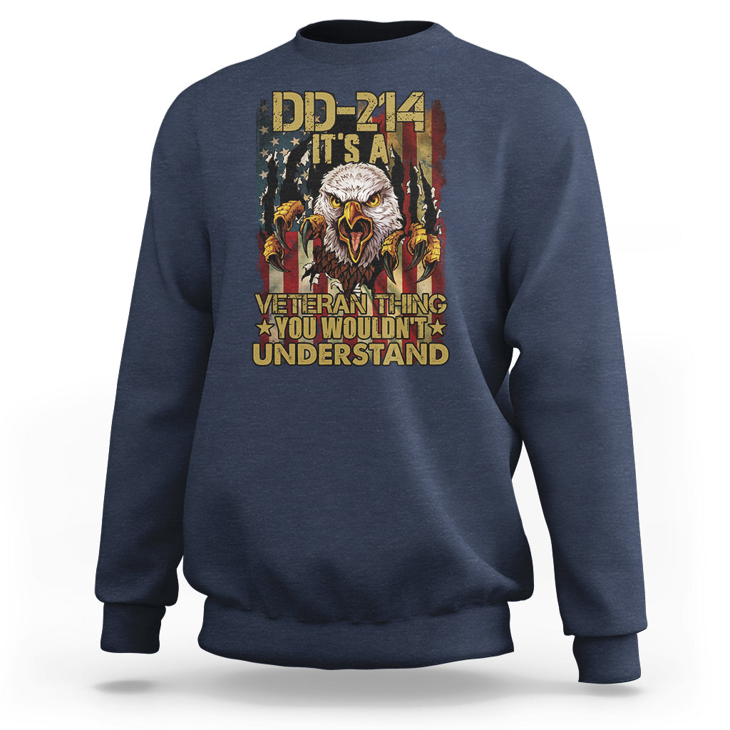 Navy veteran sweatshirt with eagle and DD-214 graphic, multicolor text on front