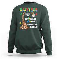Dark forest green crewneck sweatshirt with giraffe puzzle graphic and autism-style slogan