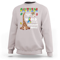 Ice gray crewneck sweatshirt with giraffe puzzle graphic and autism-style slogan on front
